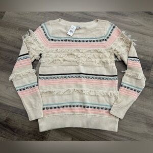 LOFT Ivory Fringe Boatneck Sweater